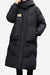 Black FrostLine Long Coat, lightweight insulated winter coat with hood and deep pockets for cold weather travel and layering