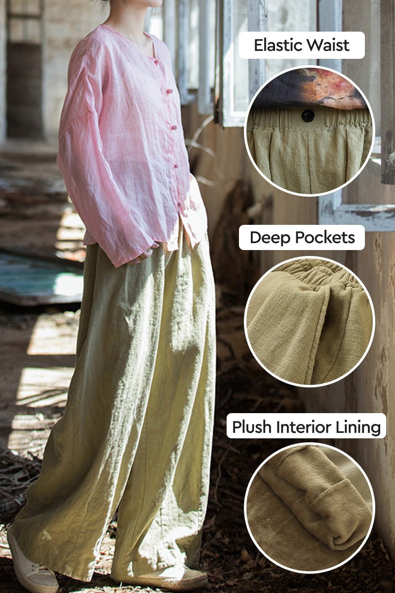 Sandwashed Ramie Linen Pants with elastic waist, deep pockets, and plush interior lining in relaxed fit.