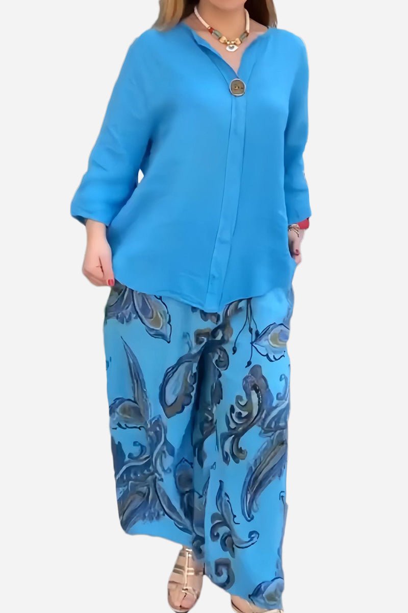 Blue vibrant fusion two-piece set with solid long-sleeve top and printed flowy pants for women