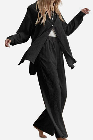 Black cotton-linen blend two-piece set with loose-fitting top and wide-leg pants for comfortable casual style