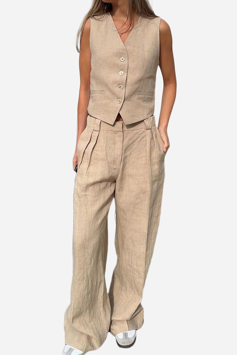 Eco Chic Linen Blend beige two-piece set with sleeveless buttoned vest and wide-leg pants.