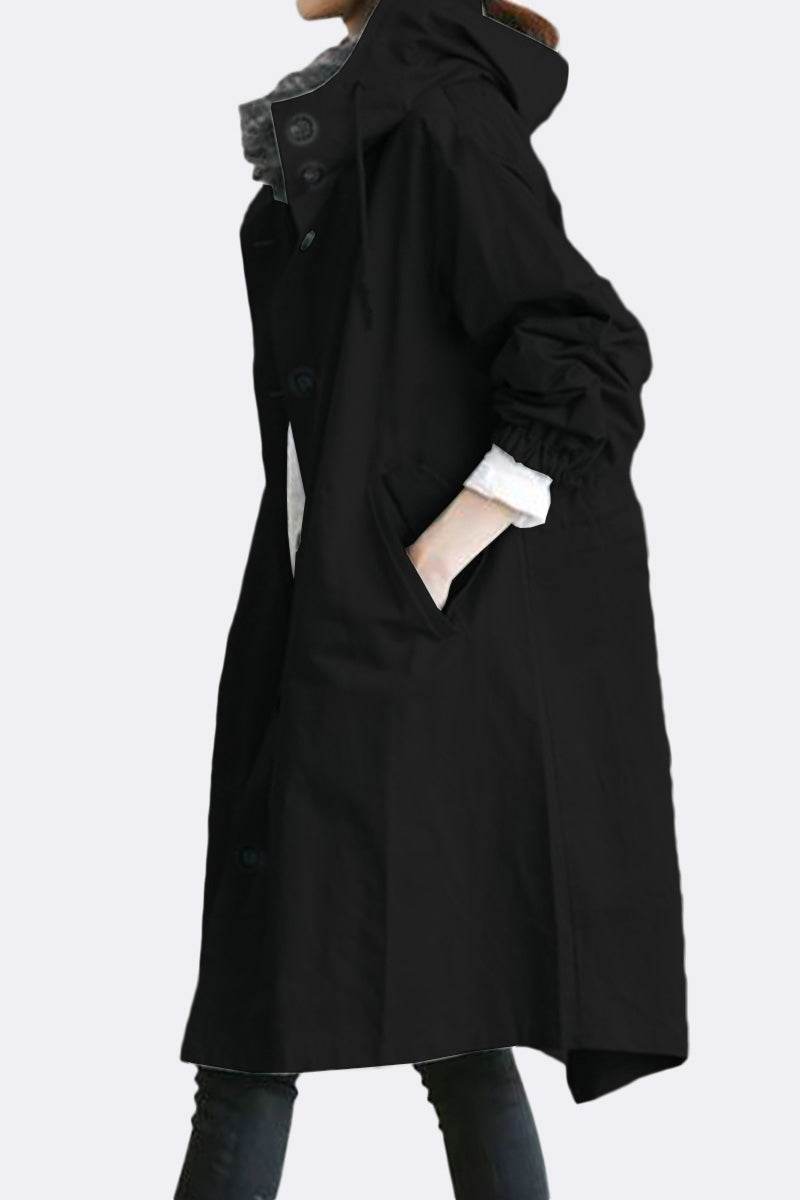 Black Travel-Smart Waterproof Hooded Windbreaker with adjustable hood and breathable fabric