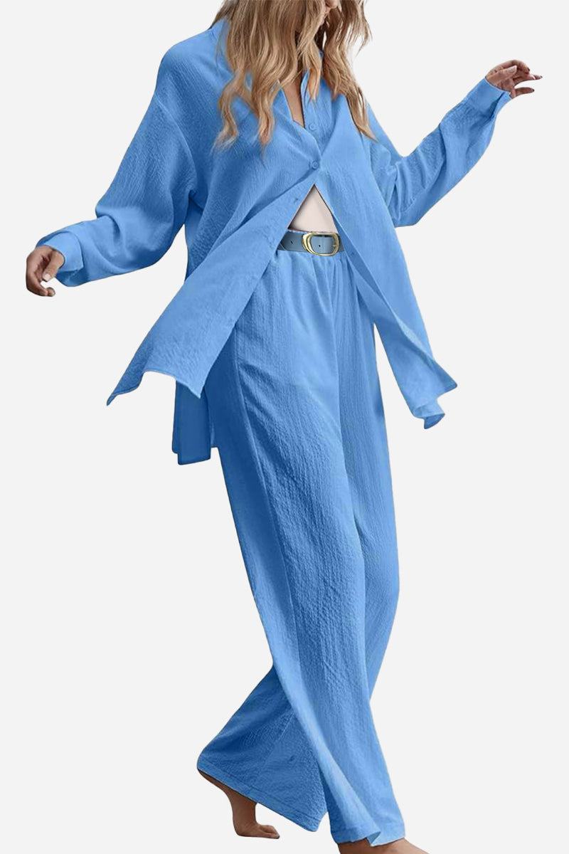 Blue linen blend two-piece travel set with loose fit top and wide-leg pants