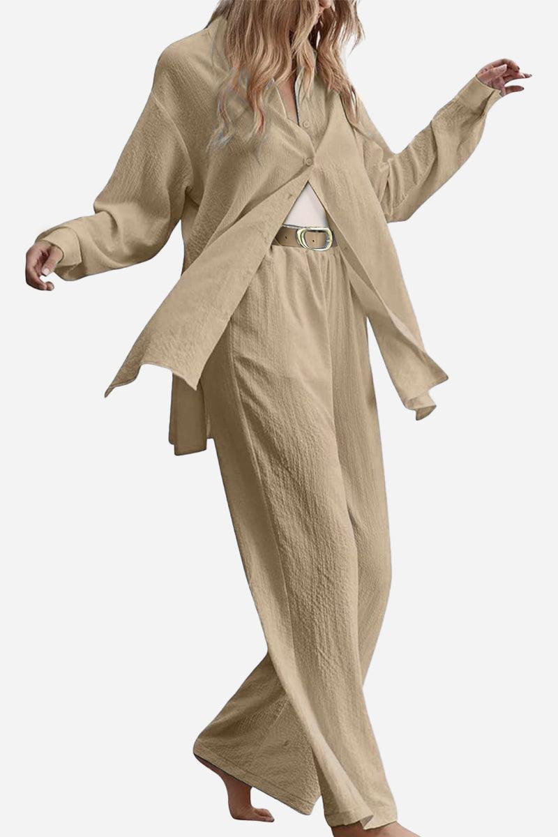 Beige linen blend two-piece set with loose long-sleeve top and wide-leg pants for travel style
