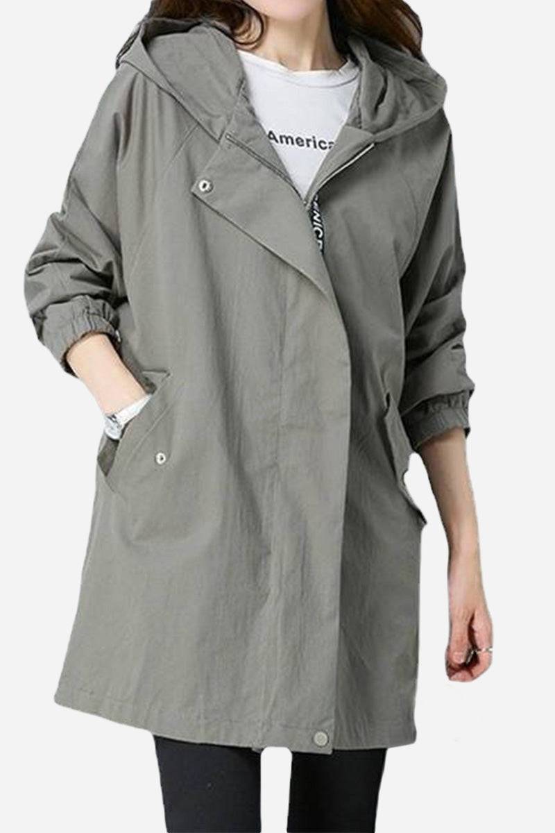 Women's fashion hooded trench coat in neutral gray with oversized silhouette, lightweight polyester fabric, and casual-cool design.