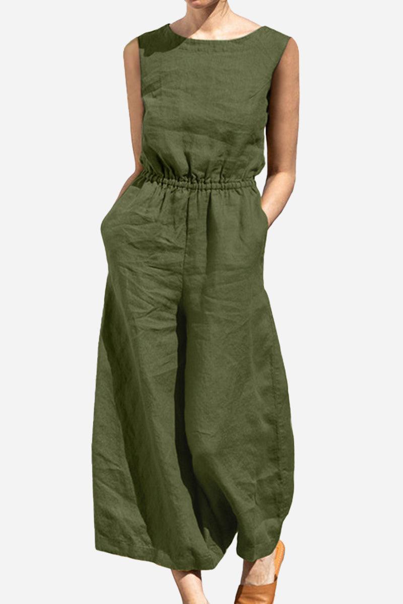 Olive green pure cotton sleeveless two-piece set with elastic waist and wide-leg pants on model