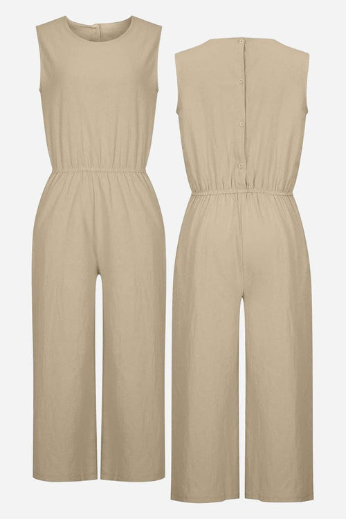 Beige Pure Cotton minimal confidence sleeveless two-piece set with elastic waist, front and back view