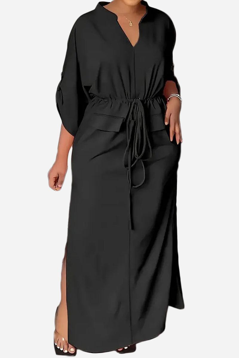 Black All-Day Drape Dress with adjustable waist tie and front slit, breathable polyester fabric, ankle-length with rolled-up sleeves option