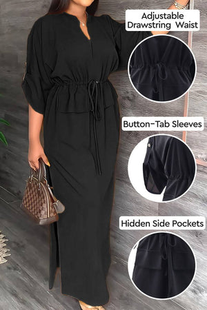 Black All-Day Drape Dress with adjustable drawstring waist, button-tab sleeves, and hidden side pockets.