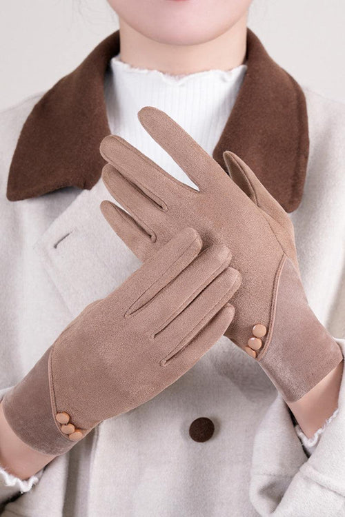 SmartTouch suede gloves in soft brown with slim fit and button detail, worn for warmth and touchscreen use.