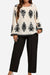 Plus size easy elegance set with black and white patterned long sleeve top and black loose pants