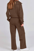 woman wearing brown loungewear buttersoft tracksuit set back view