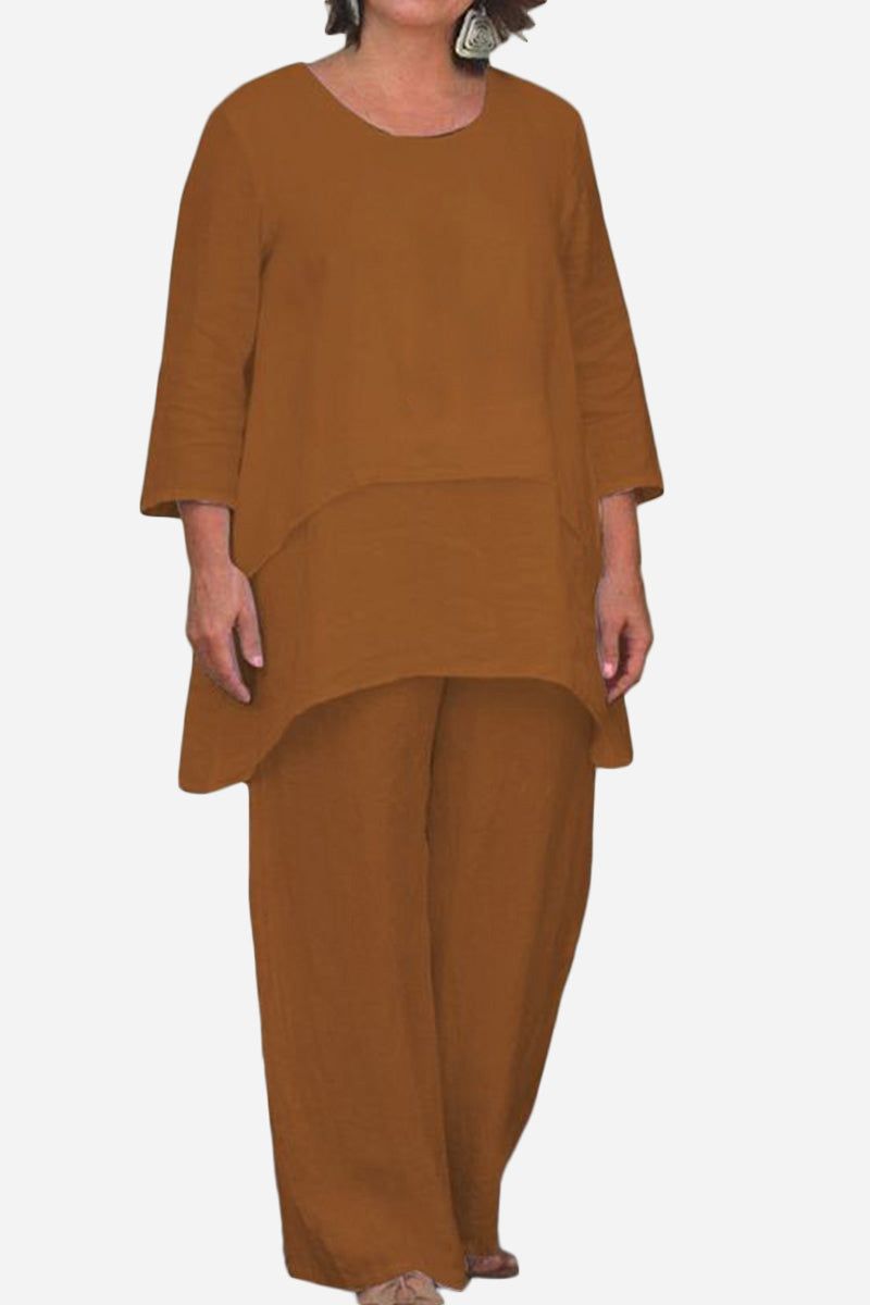 Brown loose drape two-piece set with oversized top and wide-leg pants.