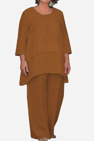 Brown loose drape two-piece set with oversized top and wide-leg pants.