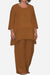 Brown loose drape two-piece set with oversized top and wide-leg pants.