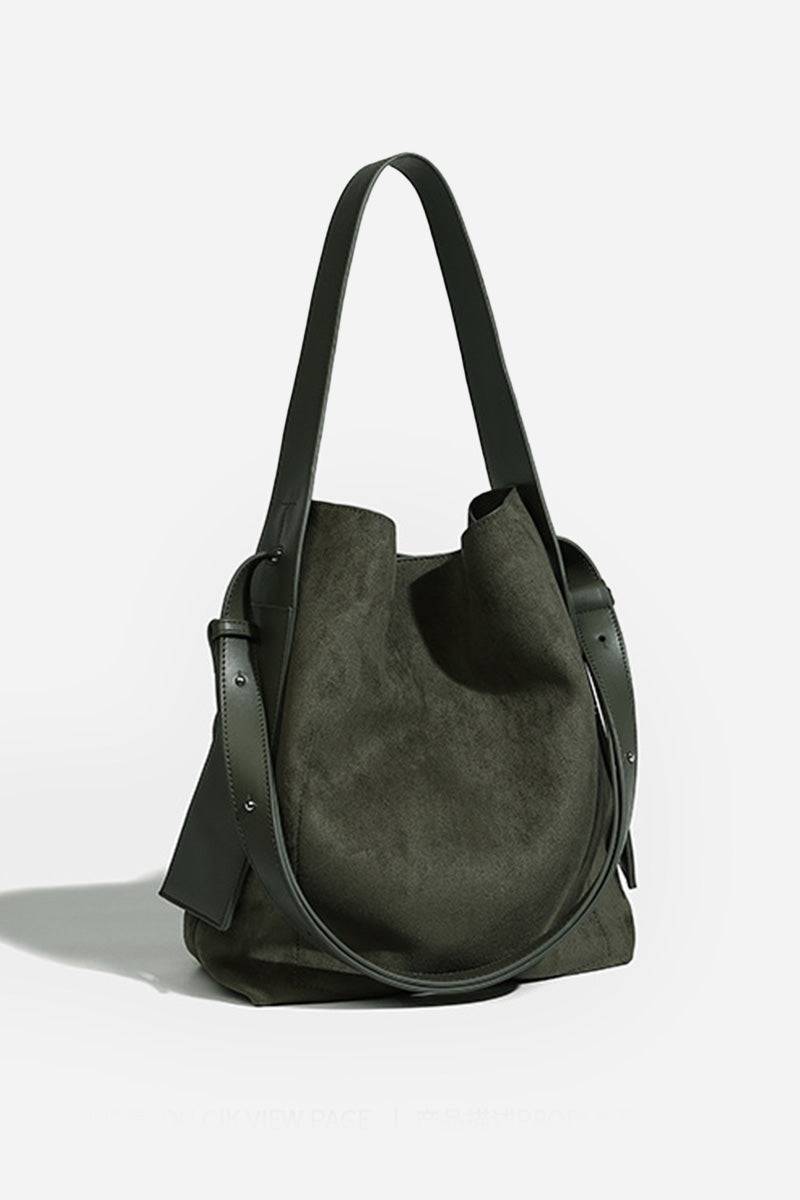 Dark green suede Vintage Charm Bag with dual-length straps and spacious design for everyday use