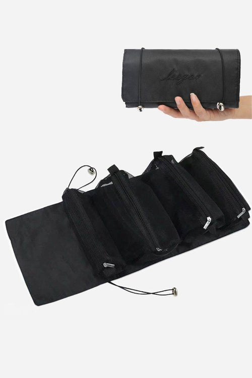 Compact black nylon travel makeup bag with multiple zippered compartments, water-resistant and lightweight for organized beauty essentials on the go.