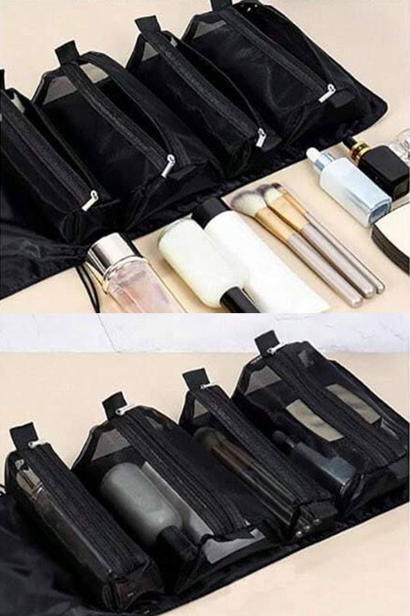 Compact black nylon travel makeup bag with multiple zippered compartments and organized cosmetic products inside for travel light look right