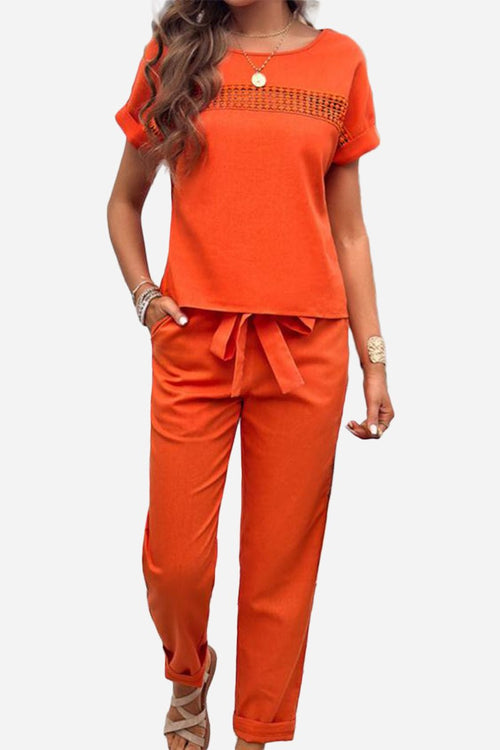 orange 100% cotton two-piece comfortable women's travel outfit set with short sleeves and tied waist pants
