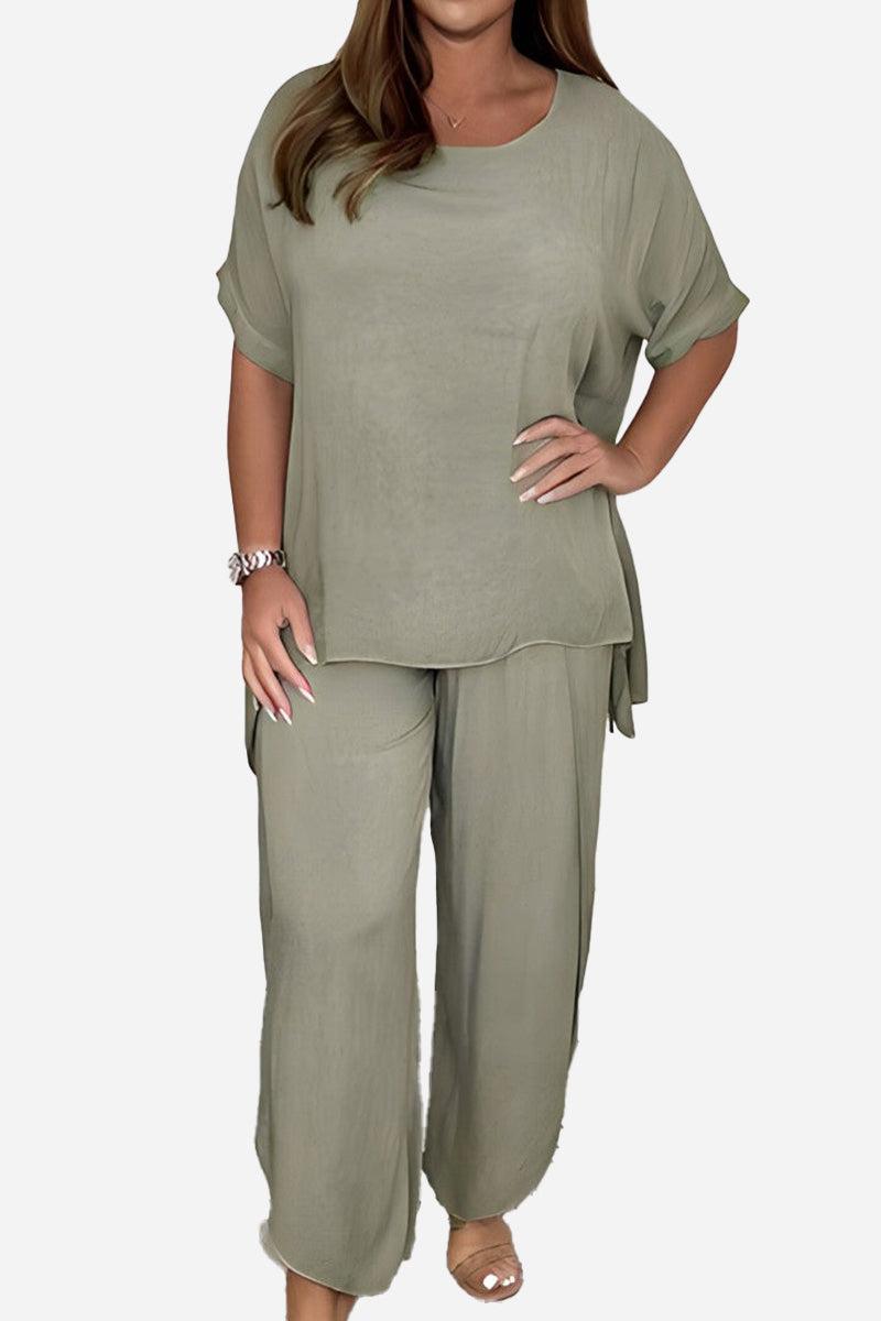 Relaxed linen-like travel two-piece set in soft olive green with breathable, wrinkle-resistant fabric and relaxed fit.