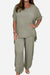 Relaxed linen-like travel two-piece set in soft olive green with breathable, wrinkle-resistant fabric and relaxed fit.