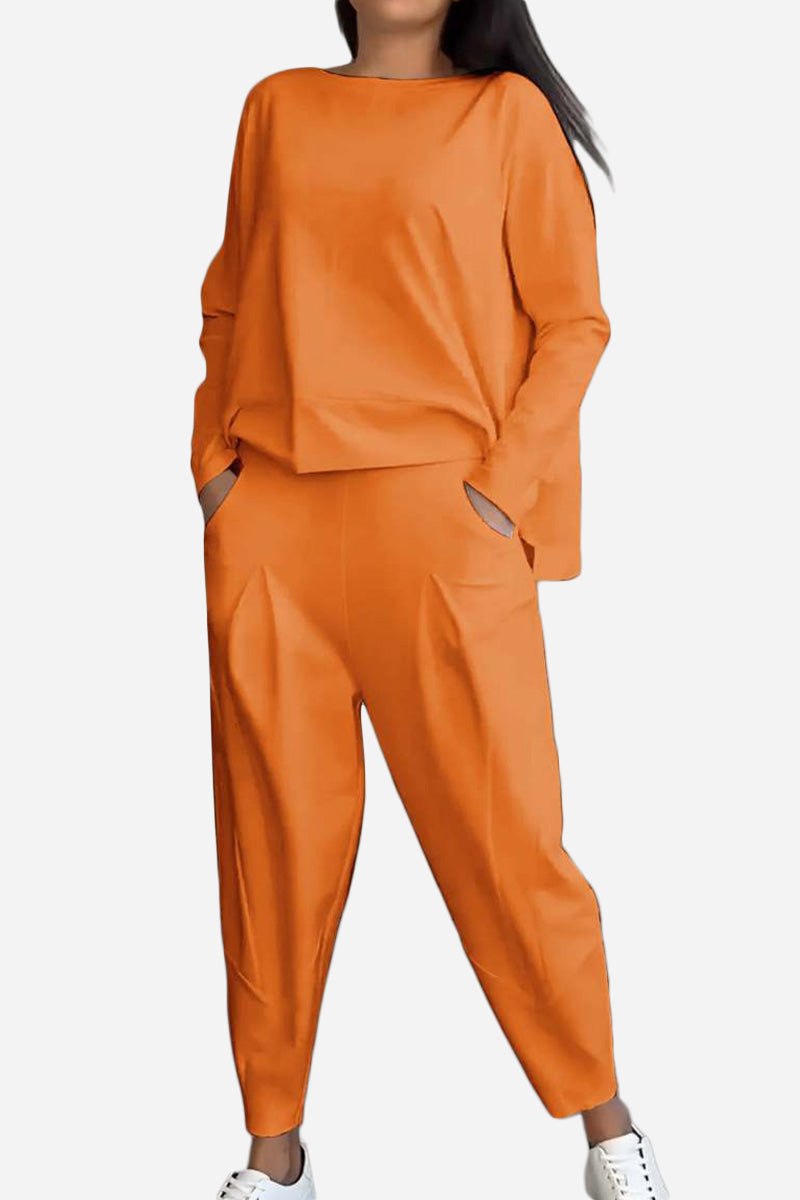 Women's All-Day Comfort 2-Piece outfit set in orange with long sleeves and relaxed fit pants