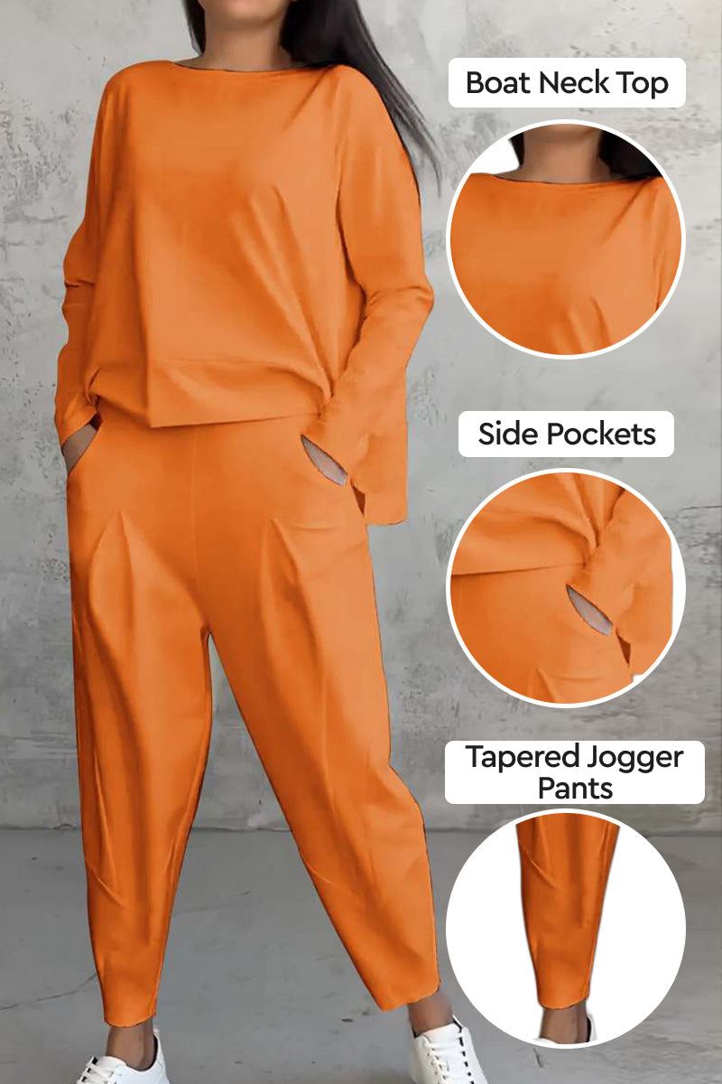 Orange All-Day Comfort 2-Piece Outfit Set featuring boat neck top, side pockets, and tapered jogger pants for lightweight, breathable wear.