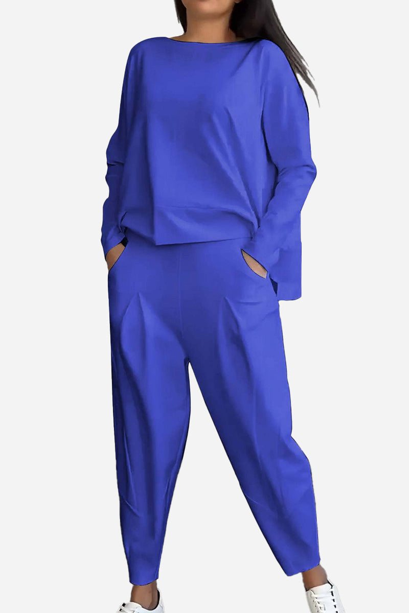 Woman wearing a royal blue All-Day Comfort 2-Piece Outfit Set with long sleeves and relaxed fit pants