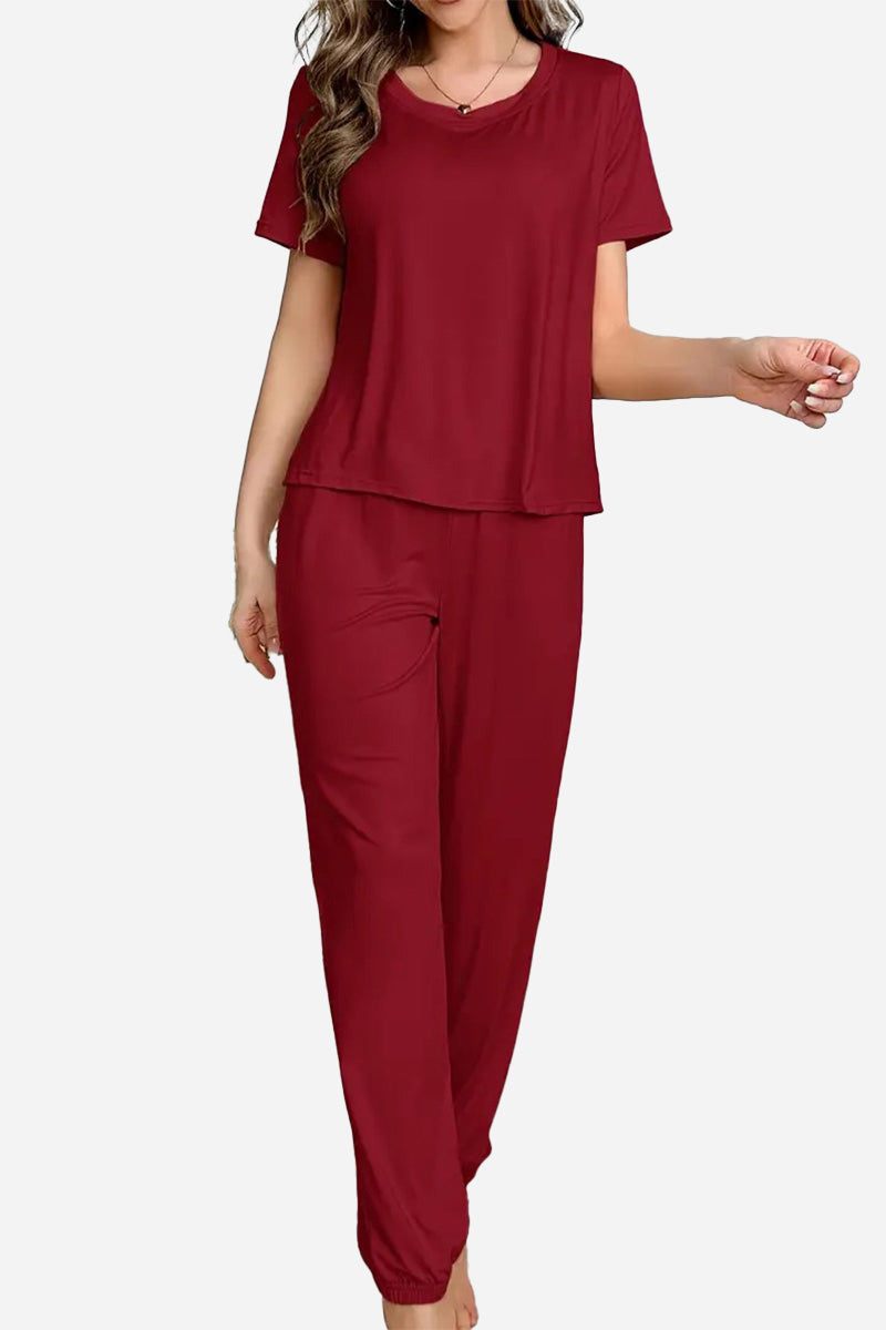 My Go To Loungewear soft breathable two-piece set in deep red with short sleeve top and relaxed pants for cozy, stylish lounging