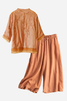 Cotton Linen Tuscany embroidered top and wide-leg pants two-piece set in soft terracotta color