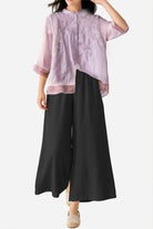 Cotton Linen Tuscany breathable two-piece set with embroidered sheer top and wide-leg linen trousers