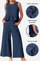 Navy blue linen-like feel two-piece set with soft, stretchy fabric and wide-leg pants, lightweight and true-to-color design