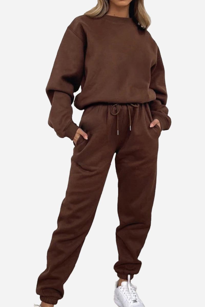 Brown Classic Comfort Athleisure set with long sleeves and jogger pants, designed for comfort and versatile wear.