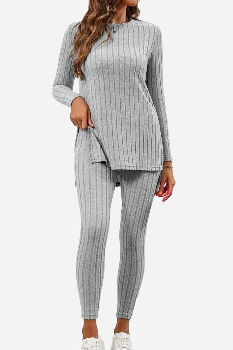 Gray ribbed Butter Touch Ribbed Two-Piece Set with long-sleeve top and leggings, stretchy and soft fabric for comfort and movement
