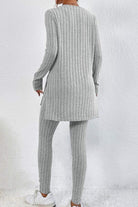 Back view of grey Butter Touch Ribbed Two-Piece Set with long ribbed top and matching ribbed leggings worn with white sneakers