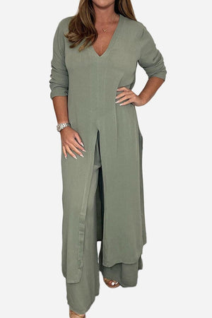 Woman wearing sage green Urban Chic V-Neck Split Top and matching wide-leg pants two-piece set