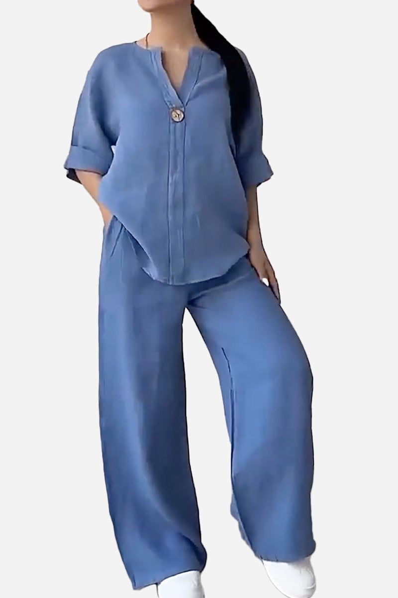 Blue pure linen two-piece casual comfort set with one-button top and wide-leg pants.