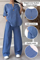 Blue pure linen two-piece set with one-button top, side pockets, and elastic waist pants