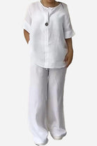 White pure linen two-piece casual comfort set with one-button top and loose pants for breathable, stylish wear