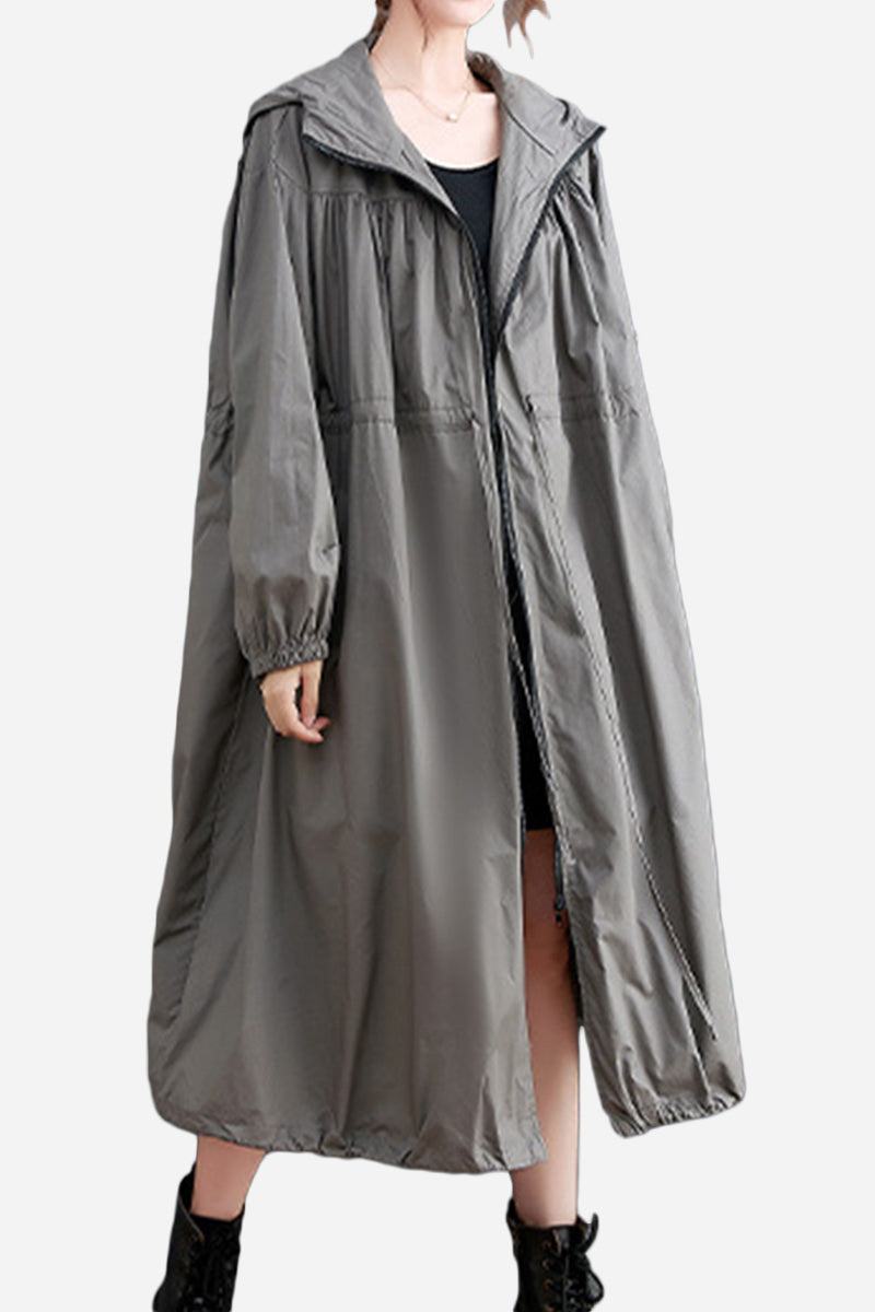 One size oversized all-weather water-resistant windbreaker in neutral color, long and roomy design for comfortable layering and weather protection.