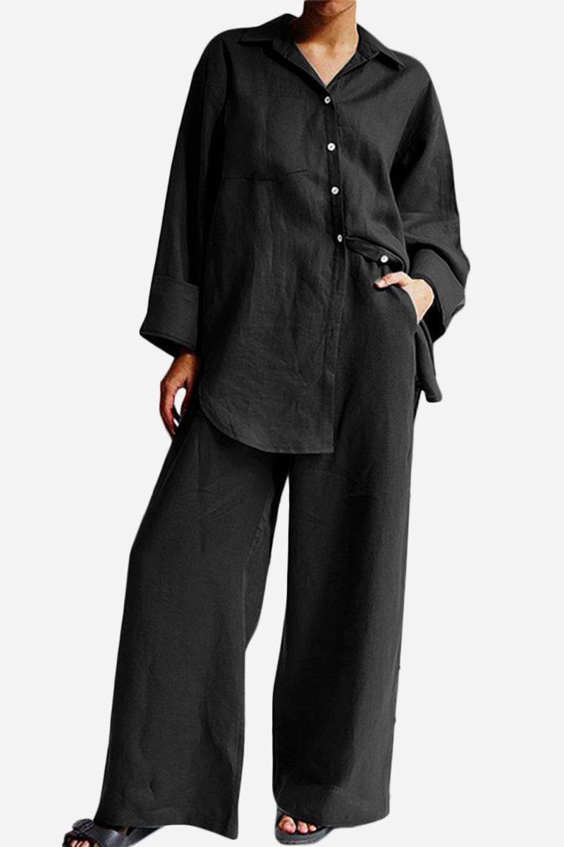 Black relaxed fit Vacation Essentials Cotton Set with oversized button-up top and wide-leg pants for comfortable travel wear
