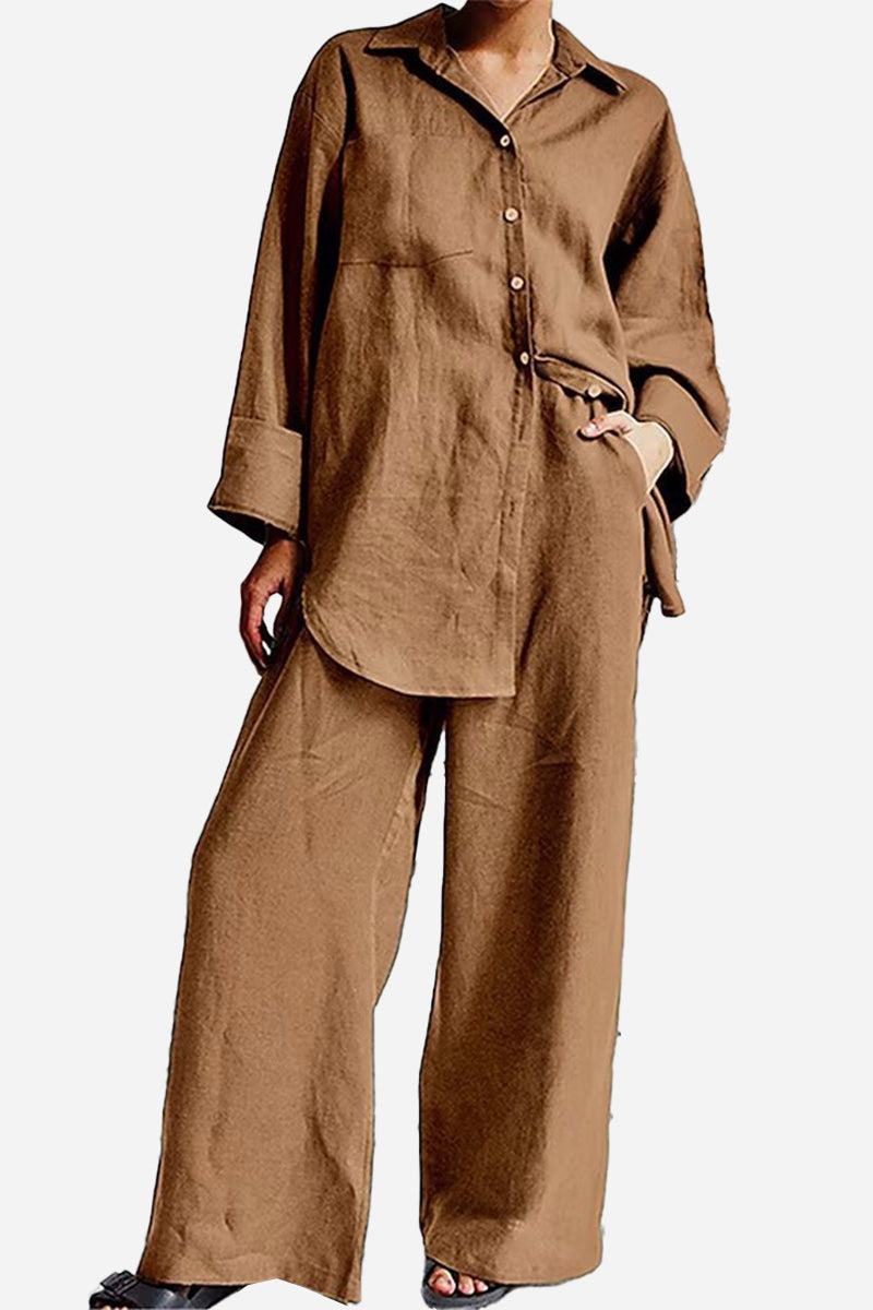 Brown relaxed fit Vacation Essentials Cotton Set with button-up shirt and wide-leg pants for comfortable travel and stylish wear.