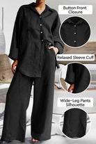 Black Vacation Essentials Cotton Set with button front shirt and wide-leg pants, relaxed fit with cuffed sleeves, breathable cotton blend for comfortable travel wear.