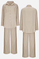 Beige Vacation Essentials Cotton Set with button-up shirt and wide-leg pants, shown front and back, made from breathable cotton blend.