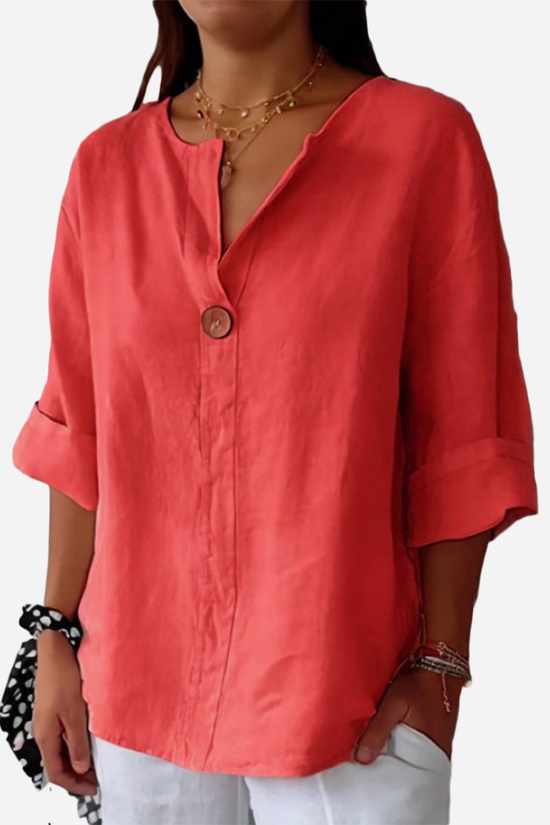 Women's coral pure linen age-defying button detail shirt with rolled sleeves and relaxed fit