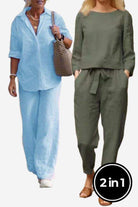 Two women wearing breathable casual chic duo sets with relaxed fit trousers and tops, one in light blue cotton and the other in dark linen blend, styled for comfort and effortless mix and match options.