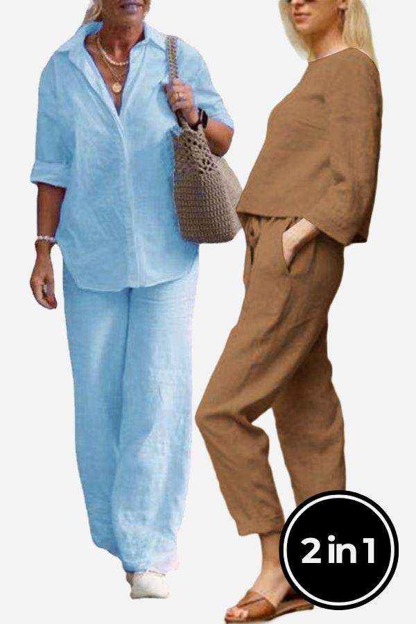 Two women wearing Casual Chic Duo breathable natural fabric sets, one in light blue and the other in brown, styled for mix and match comfort and style