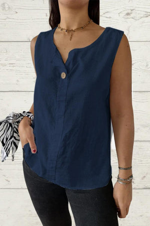 women's navy blue 100% pure linen sleeveless vest with V-neck and single button closure