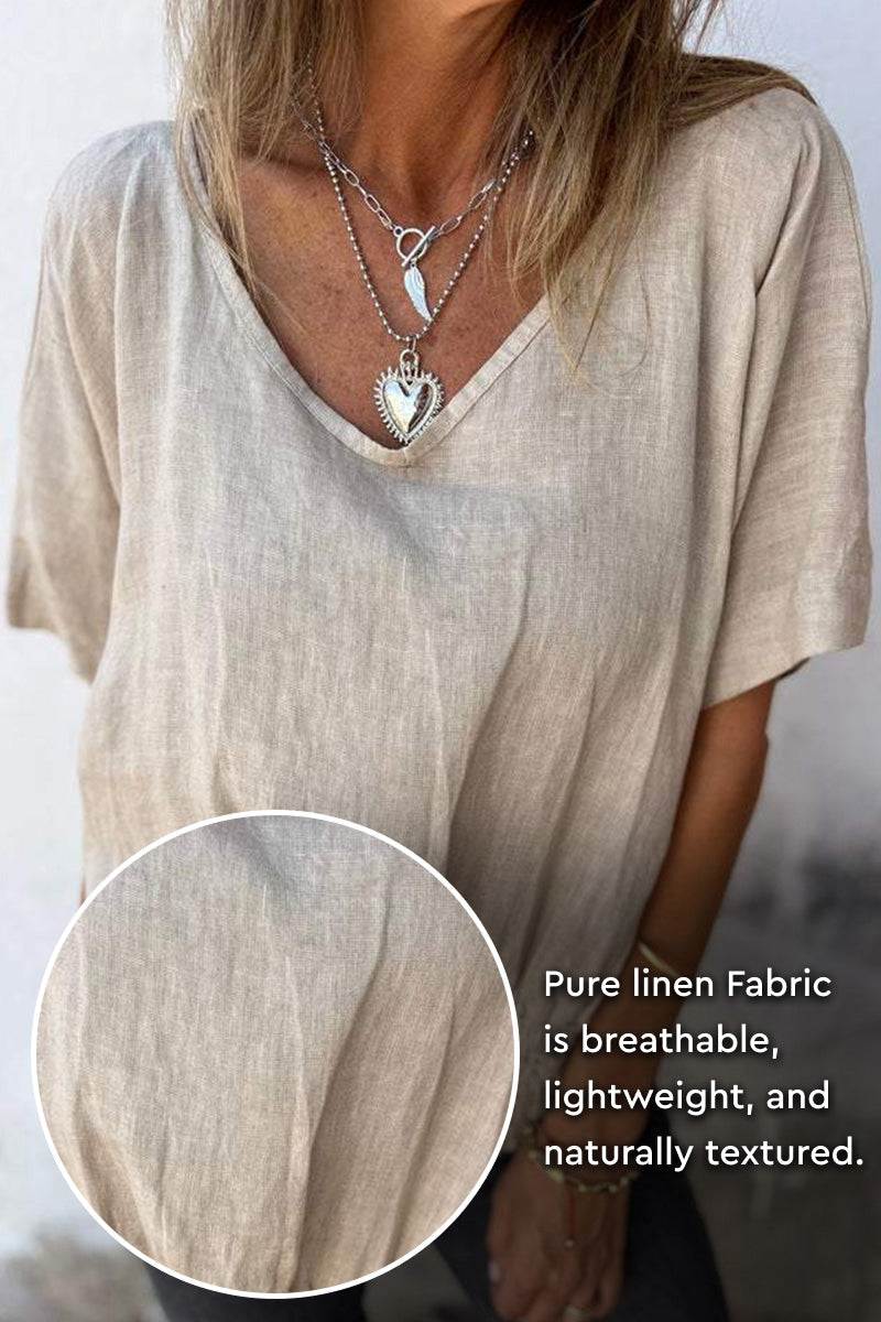 Pure linen short-sleeve blouse in natural beige, breathable and lightweight fabric with soft texture.
