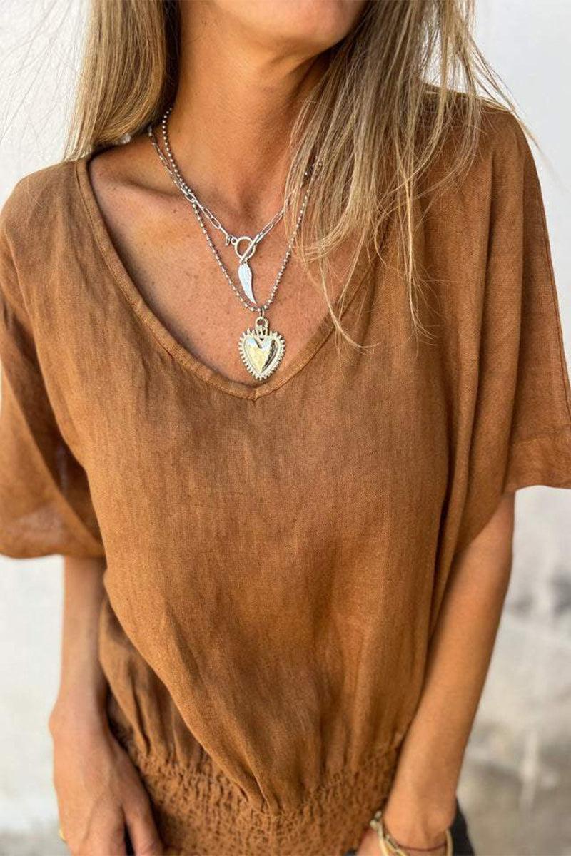 Brown pure linen short-sleeve blouse with V-neck and relaxed fit for cooling comfort